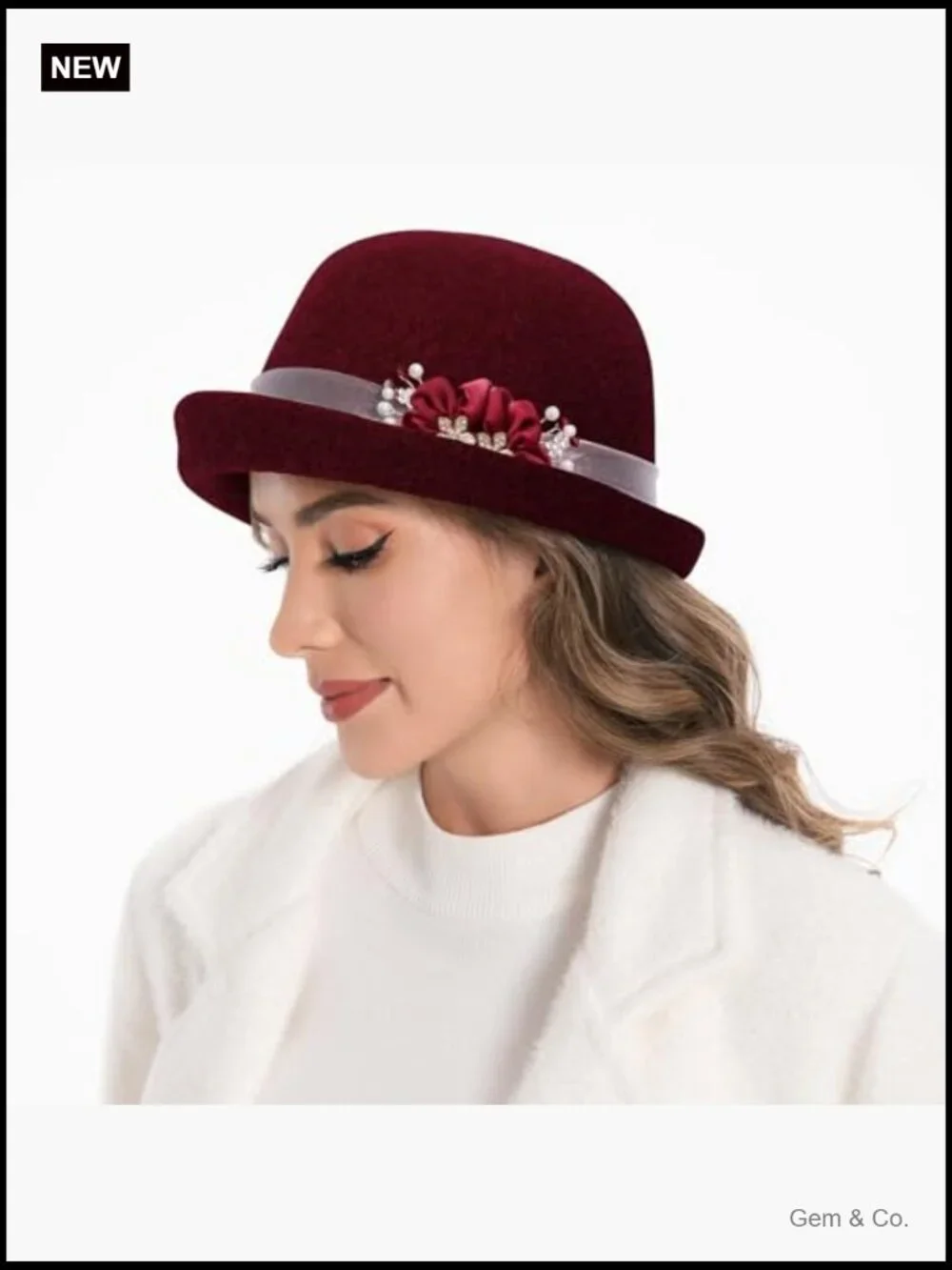 Wool Felt Bucket Hat with Handmade Floral Accents, Vintage Cloche Style